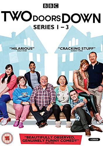 Two Doors Down" DVD cover featuring the show's cast seated on a sofa.