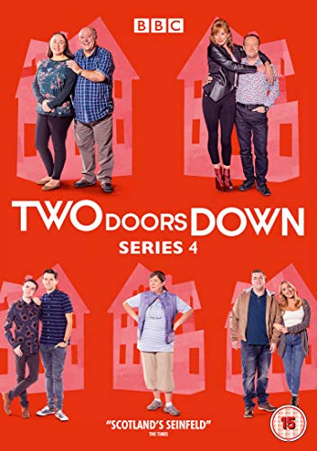 "Red DVD cover for 'Two Doors Down Series 4' featuring cast members and house silhouettes."