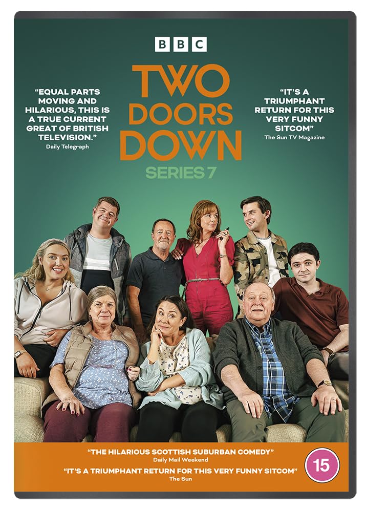 DVD cover for Two Doors Down Series 7 featuring a cast photo on green background.