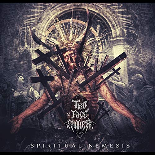 Dark album cover featuring a horned, crucified figure with crosses and onlookers.