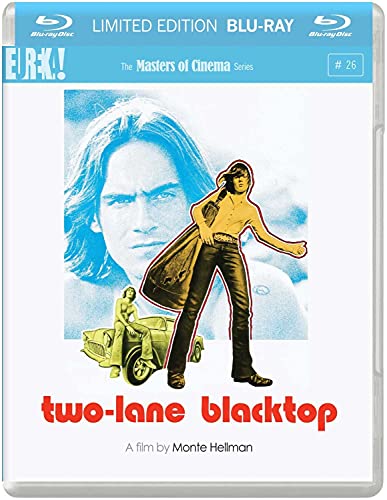 Two-Lane Blacktop" Blu-ray cover featuring two men and a car in blue tones.