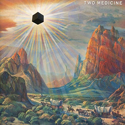 "Album cover art: surreal landscape with black cube, rays, and horse-drawn carts."
