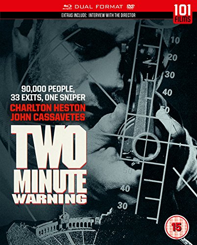 Blu-ray cover for Two Minute Warning featuring a sniper looking through a rifle scope.