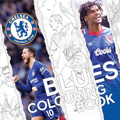 Colouring book with Chelsea FC illustrations, primarily blue and white pages and cover.