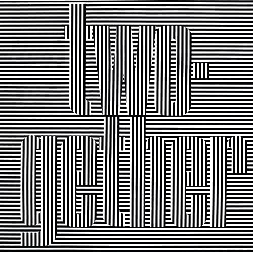 Black and white optical illusion resembling a complex, geometric structure.