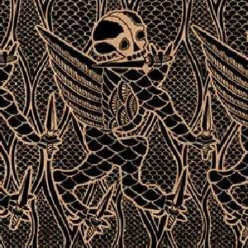 A repeating pattern of winged, skull-headed figures holding daggers against a black lace background.