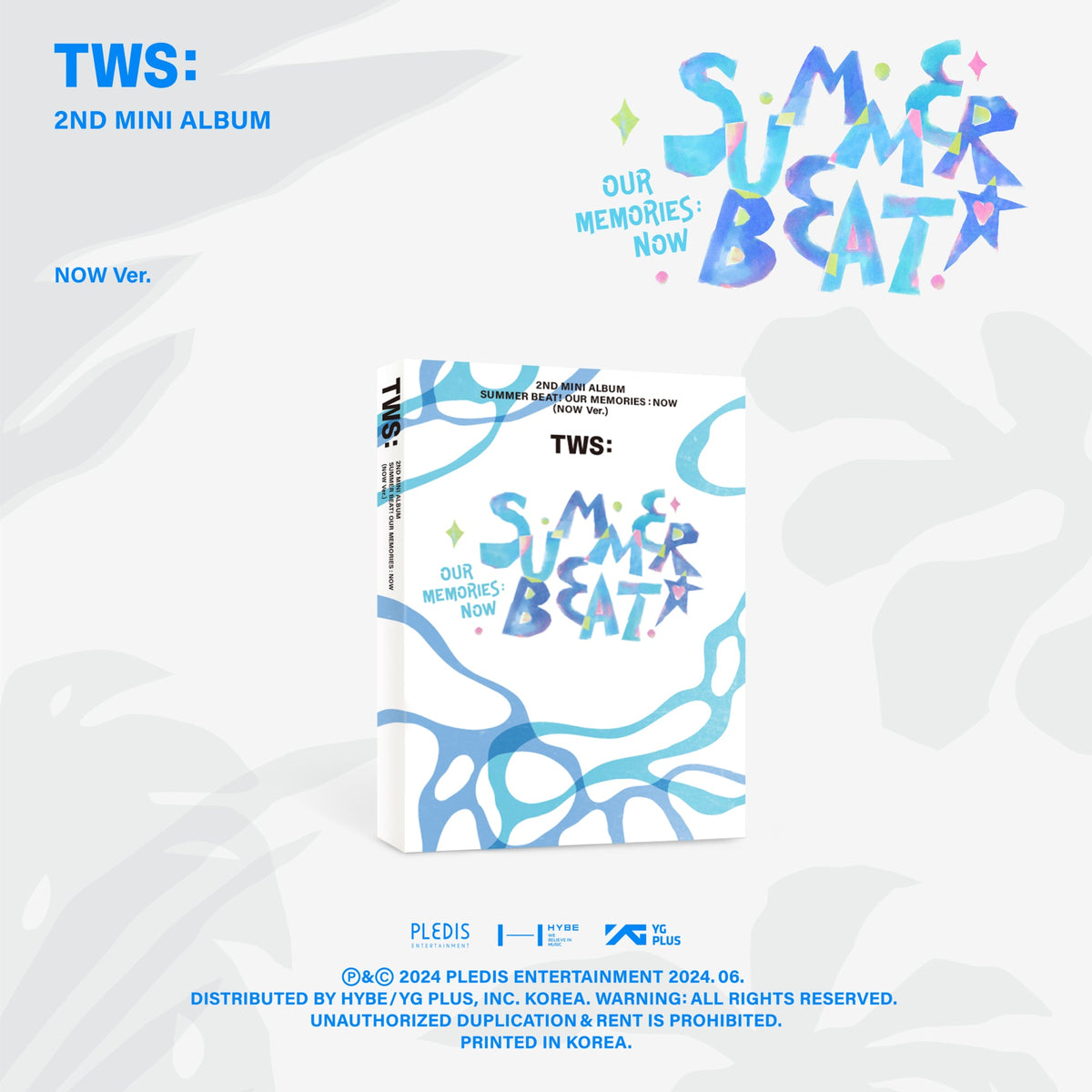 TWS “SUMMER BEAT!” CD album cover with pink and blue abstract design.