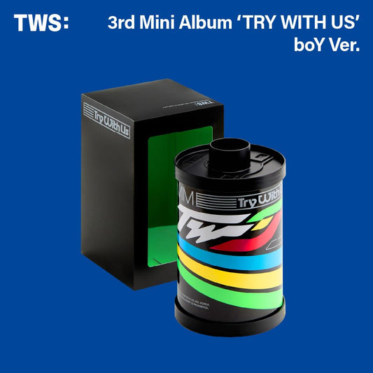 Black CD case designed like a film canister, with colorful stripes.
