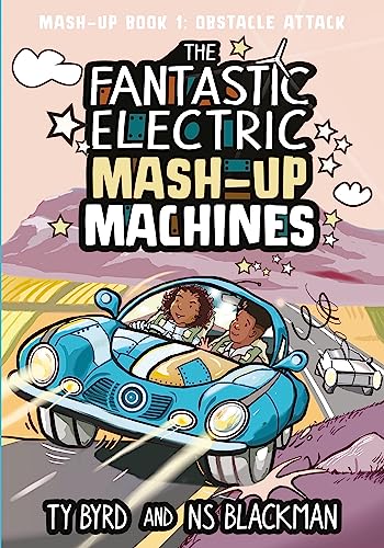 Book cover: children in a blue car race robotic opponents.