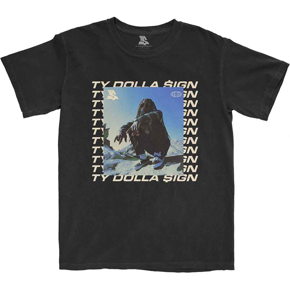 Black Ty Dolla $ign t-shirt with repeating logo and image.