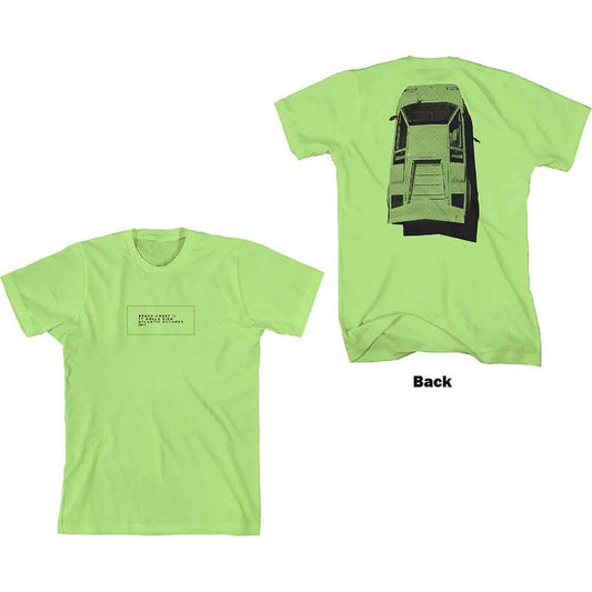 A person wearing a lime green t-shirt with a black rectangular logo print.
