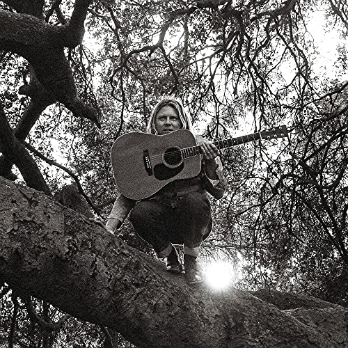 Black and white album cover featuring a man with a guitar in a tree.