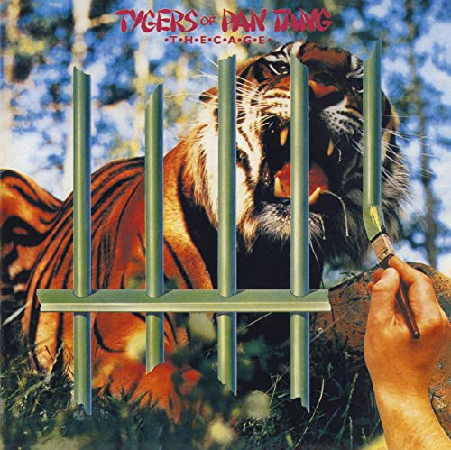 A hand paints a tiger behind bars on the Tygers of Pan Tang album cover.