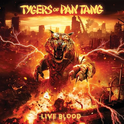 CD cover: roaring tiger amidst fiery, apocalyptic city landscape.