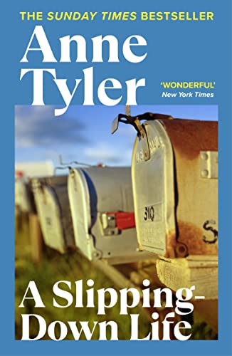 Book cover: “A Slipping-Down Life” by Anne Tyler, featuring mailboxes.