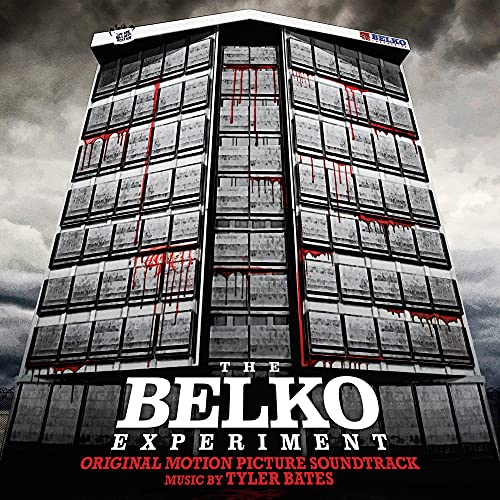 Tall office building with red streaks resembling blood, movie soundtrack cover.