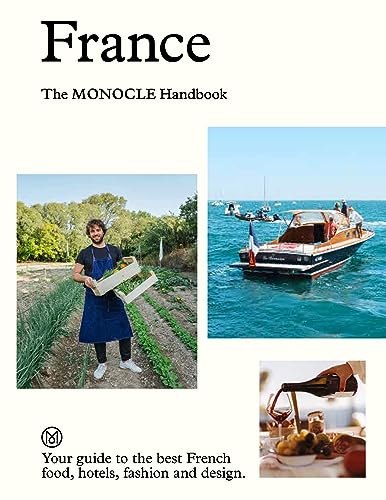Book cover titled France: The Monocle Handbook featuring photos of a farmer, boat, and wine.