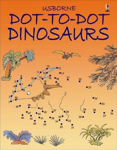 Orange book cover with "Dot-to-Dot Dinosaurs" title and dinosaur dot-to-dot image.