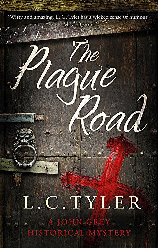Book cover: "The Plague Road" with a wooden door and red X.