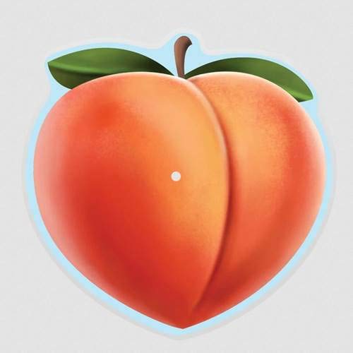 Illustration of a ripe peach with two lobes and green leaves.
