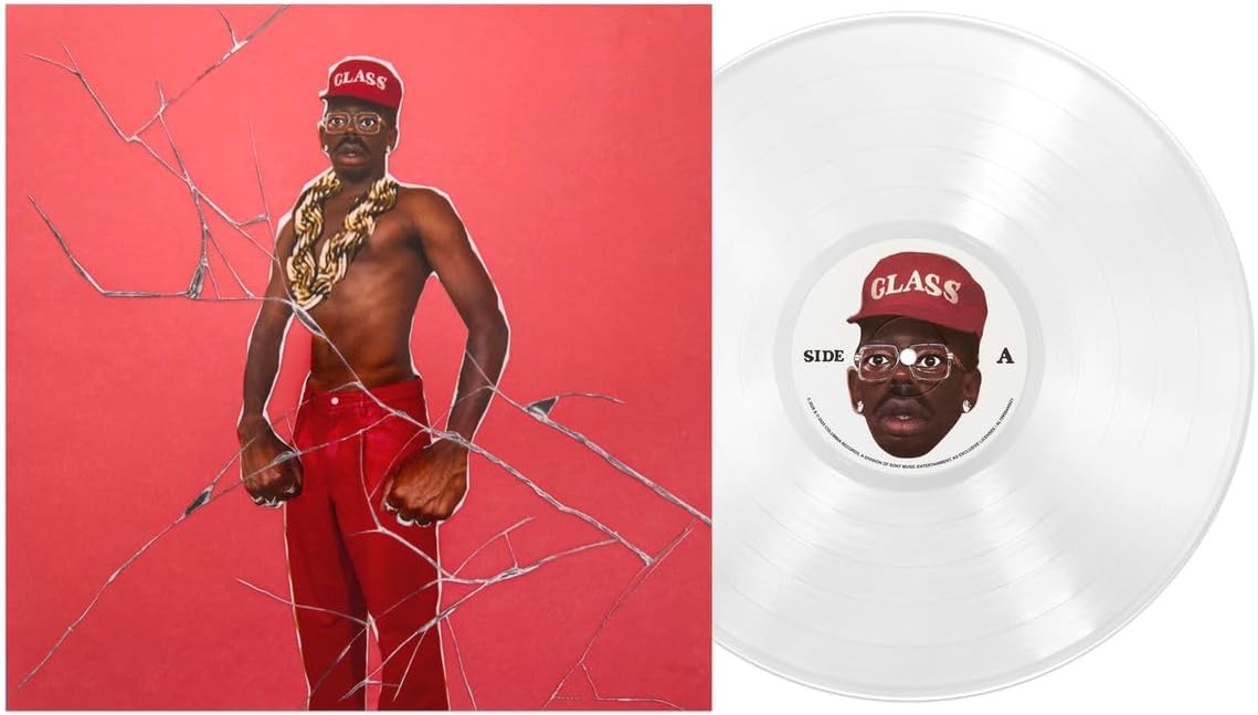 Tyler, The Creator album cover and clear vinyl record with face graphic.