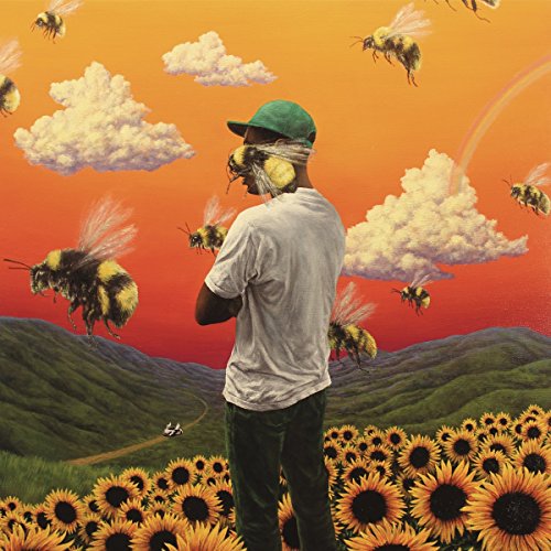 Man with bees and sunflowers in a painted, surreal landscape.