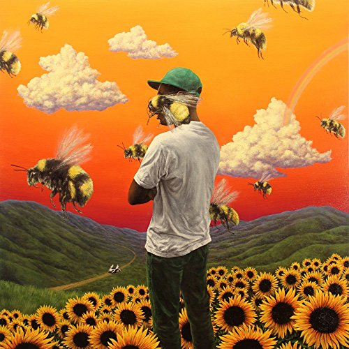 Man with bees and sunflowers in a vibrant, painted landscape.