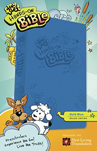 Blue children’s Bible with cartoon animals and illustrated decorations.