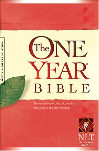 Red cover of “The One Year Bible” with leaf detail.