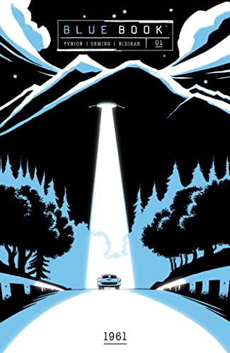 Comic book cover: car on a road, bright light from above.