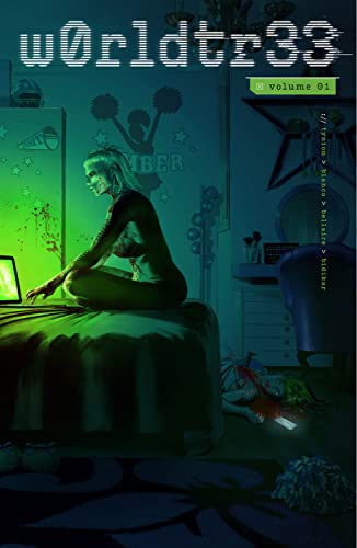 A person sits on a bed in a dark room illuminated by green light.