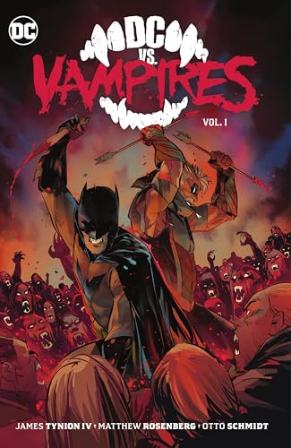Batman fighting a vampire amidst a horde of undead, comic book cover.