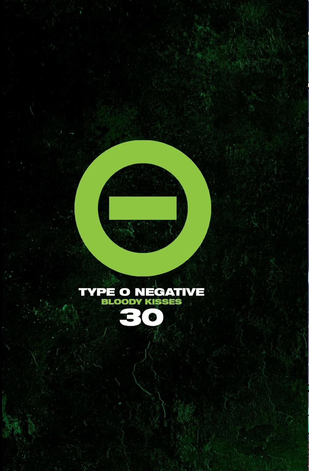Green circle with a line through it, text "TYPE O NEGATIVE" below.