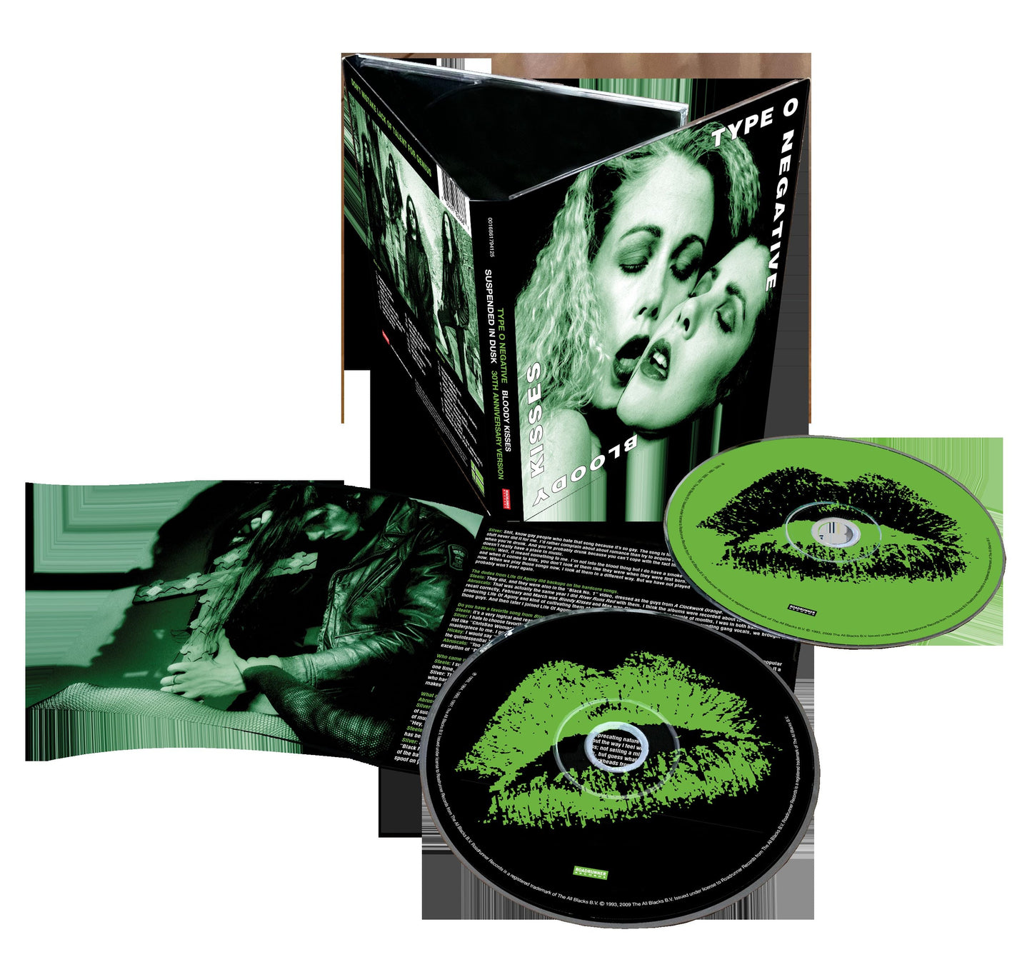 Type O Negative’s “Bloody Kisses” CD case, disc, and insert displayed.