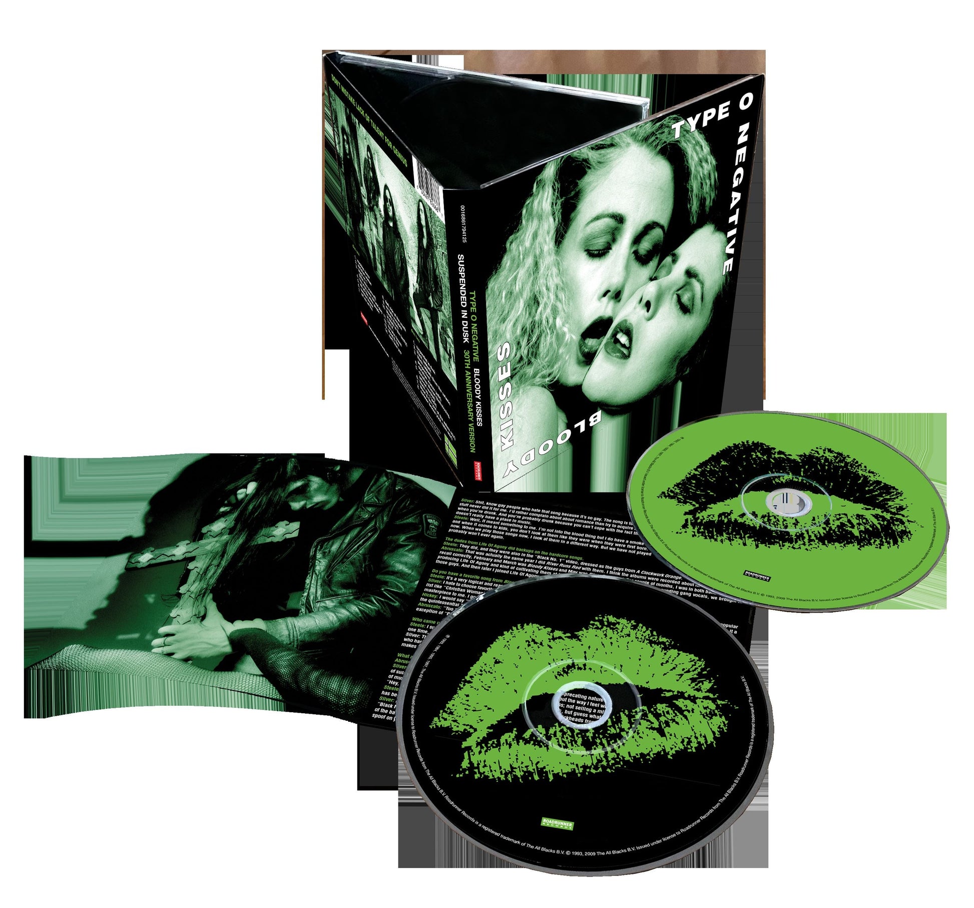 Type O Negative’s “Bloody Kisses” CD case, disc, and insert displayed.