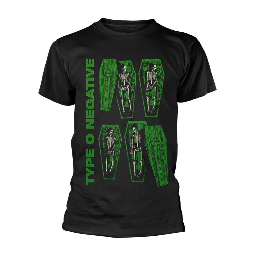 Black t-shirt with green coffins containing skeletal figures and text.