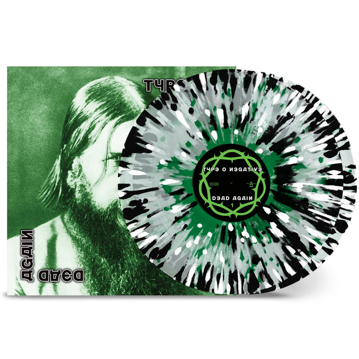 Type O Negative "Dead Again" vinyl record with marbled green and white design.