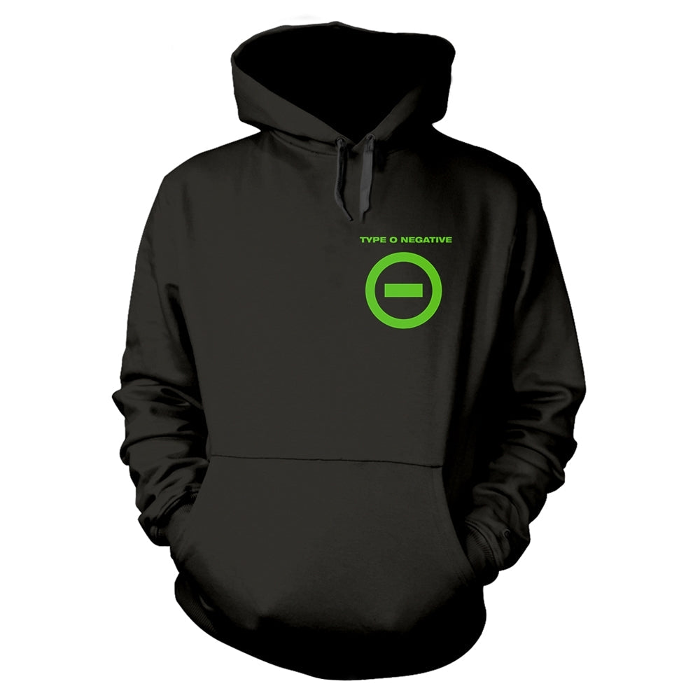 Black hoodie with green "Type O Negative" text and circle-minus symbol.