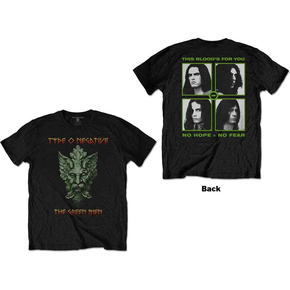 Black t-shirt with green "Type O Negative" band logo and face graphic.
