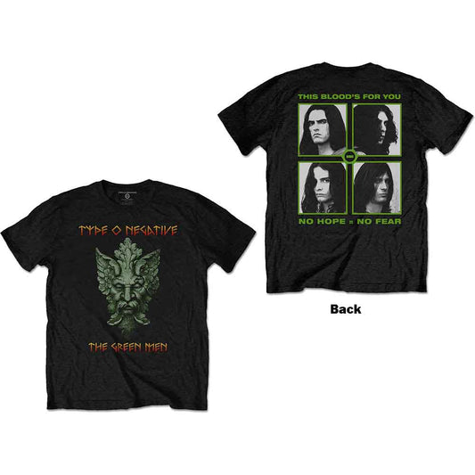 Black t-shirt with green "Type O Negative" band logo and face graphic.