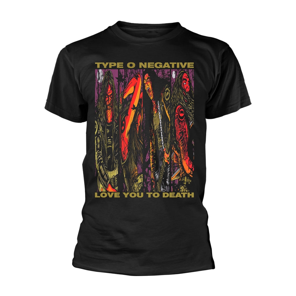 Black t-shirt with a colorful, illustrated graphic of figures and text.