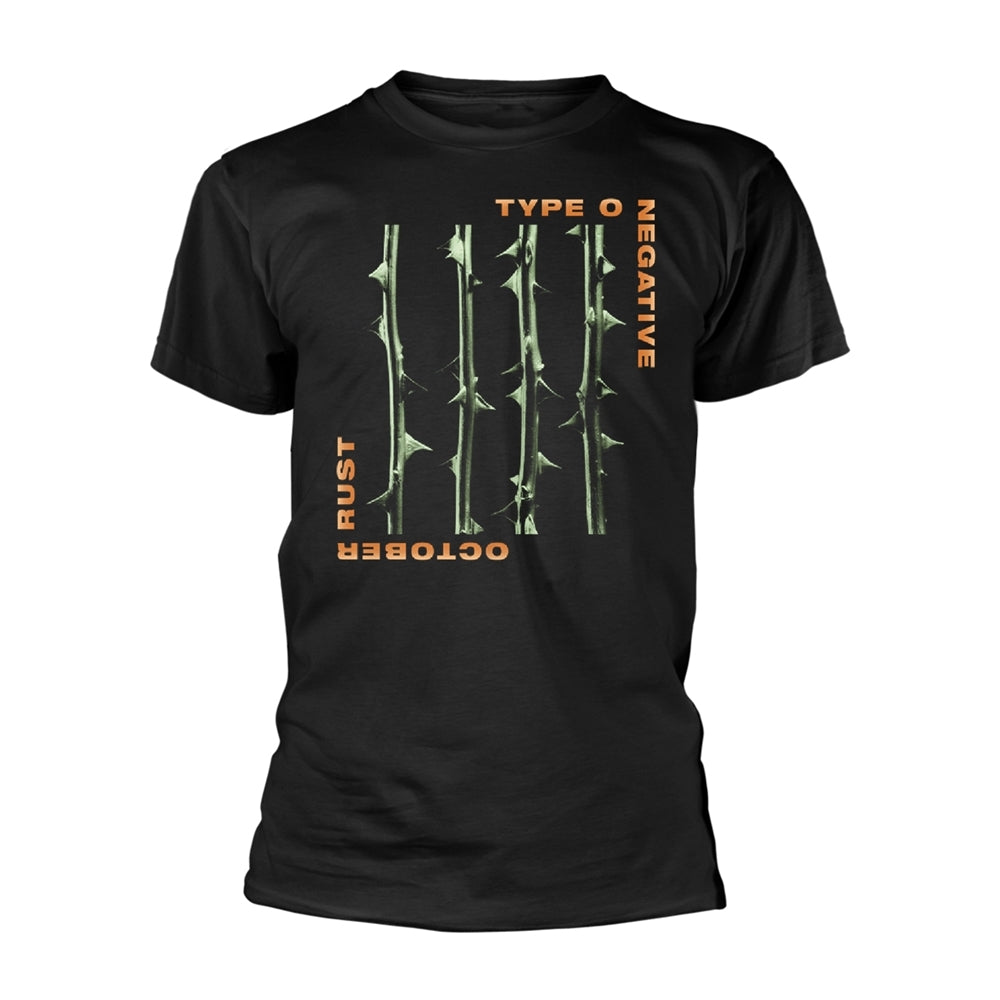 Black t-shirt with a thorn design and "TYPE O NEGATIVE - OCTOBER RUST" text.