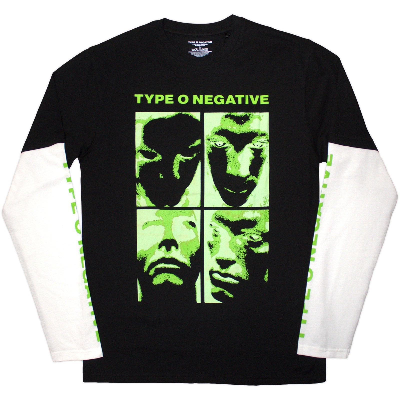 Black and white long sleeve t-shirt with four green face graphics.