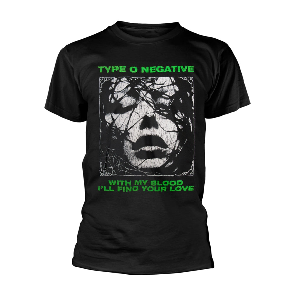 Black t-shirt with a cracked, distressed face graphic and band logo.