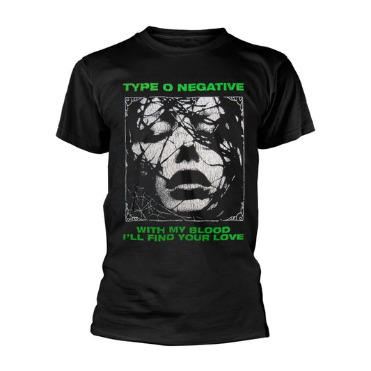Black t-shirt with a cracked, distressed face graphic and band logo.