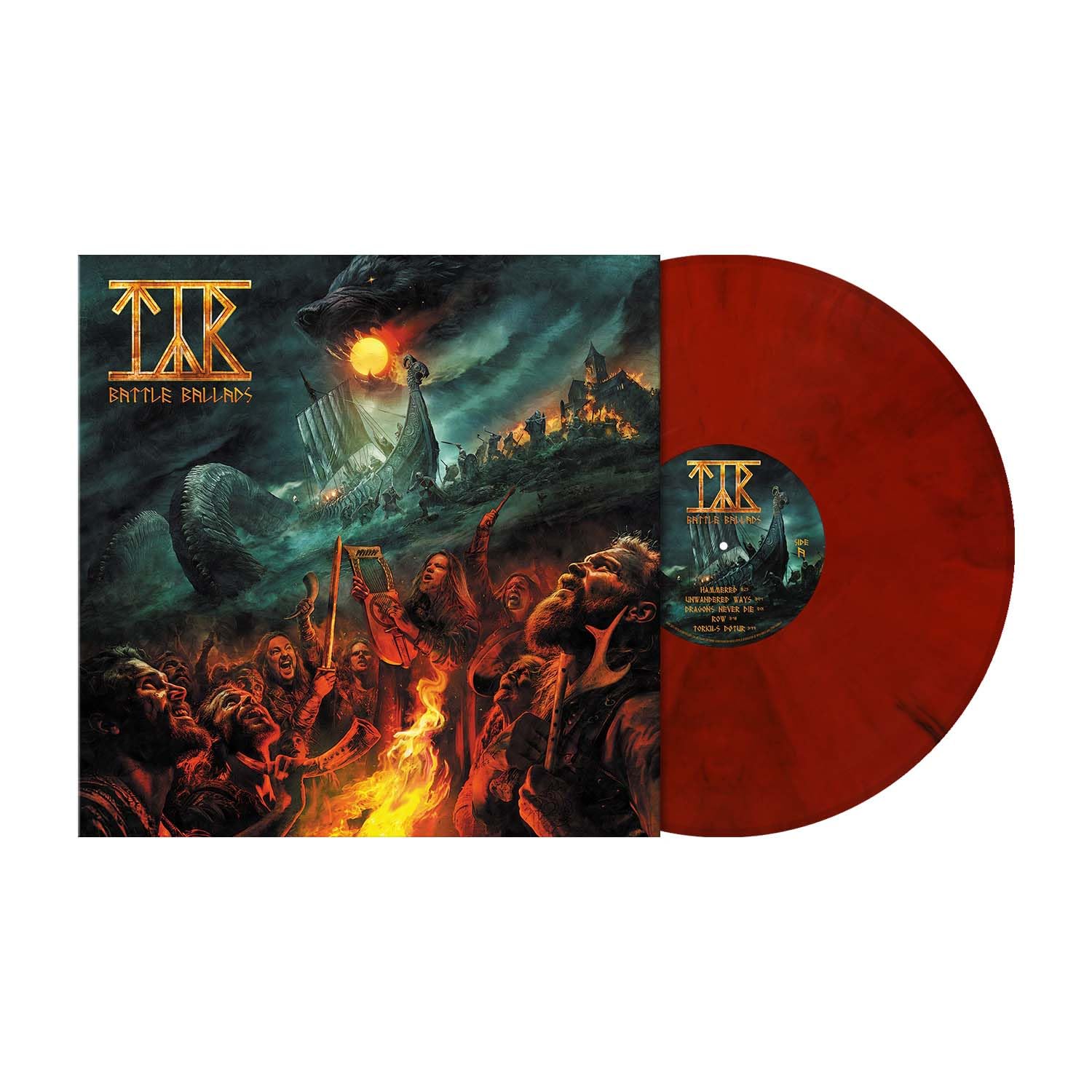 Tyr Battle Ballads album cover art next to a marbled red vinyl record.