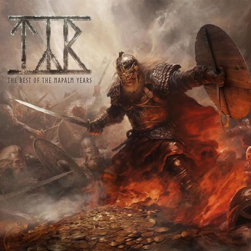 Viking warrior with sword and shield amidst a fiery battle scene.