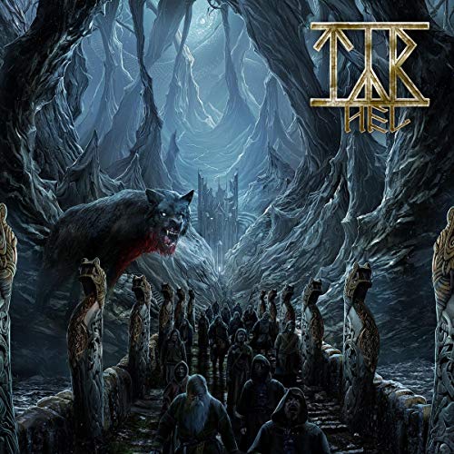 "Album cover art featuring a snarling wolf and hooded figures in a dark, mystical cave."