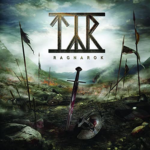 CD cover for Tyr’s “Ragnarok” depicting a battlefield with weapons and flags.