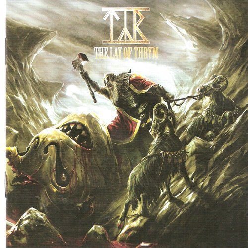 "CD cover art: Viking warrior fighting a monster with an axe, dramatic scene."